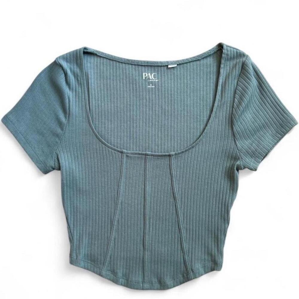 Sage Green Ribbed Scoop Neck Crop Top Fitted Women’s Small - Picture 1 of 3